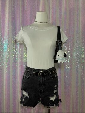 White Short Sleeve Lace Trim Neckline Bodysuit (M) ★彡